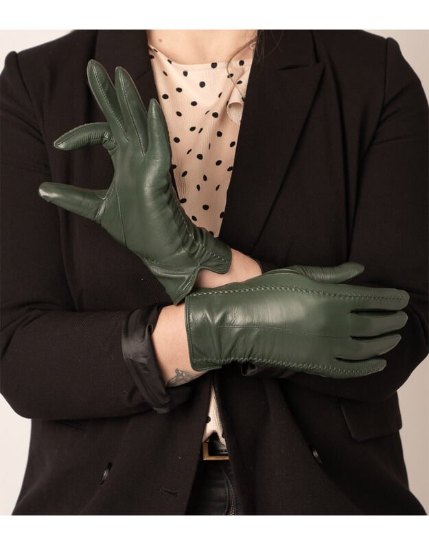 Moteriškos Žalios Natūralios Ožkos Odos Pirštinės Su Vilnoniu Pamušalu MOVZ09