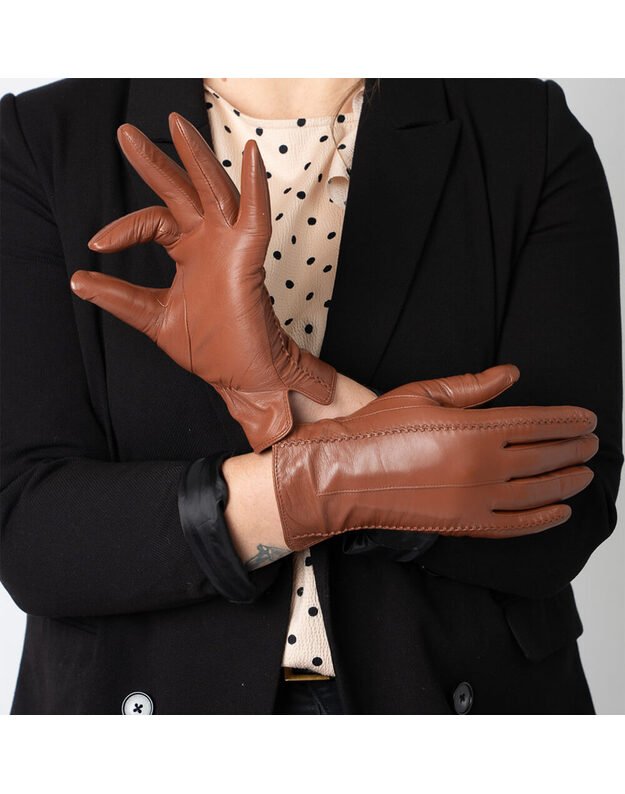 Moteriškos Rudos Natūralios Ožkos Odos Pirštinės Su Vilnoniu Pamušalu MOVZ02 1