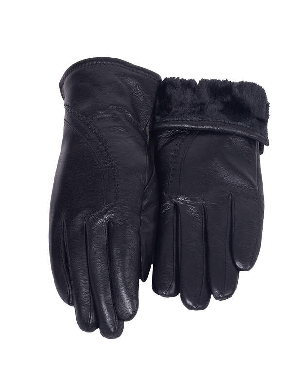 Moteriškos Juodos Natūralios Odos Pirštinės Su Storu Kailiu MOS08